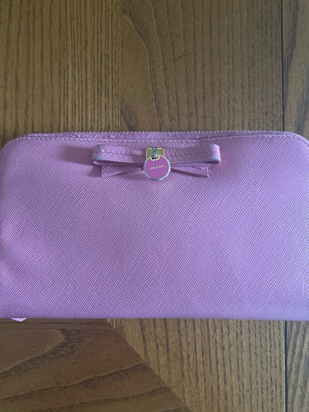 Prada Pink Saffiano Zip-Around Wallet with Bow Charm